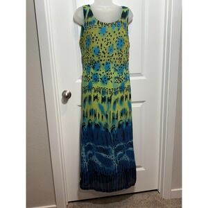 Gabrielle Maxi Dress Women Size M Green Blue Abstract Print Sleeveless Tie Waist